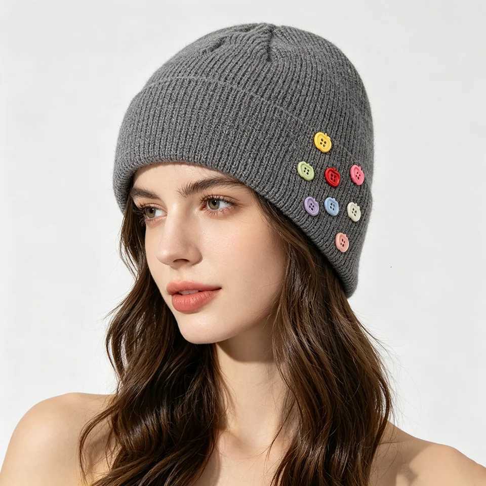 Beanie/Skull Caps Buttoned Knit Hat Trendy European and American Women's Autumn and Winter Warm Woolen Hat Windproof Cold-Proof Round Top Q2610