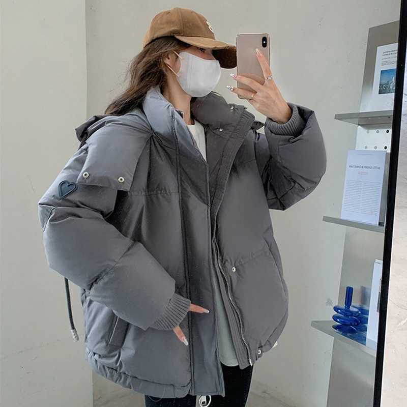 Women's Down Parkas Korean Fashion Women's Hooded Padded Jacket Winter Loose Fit Warm Zipper Puffer Coat Women Preppy Style Casual Cotton
