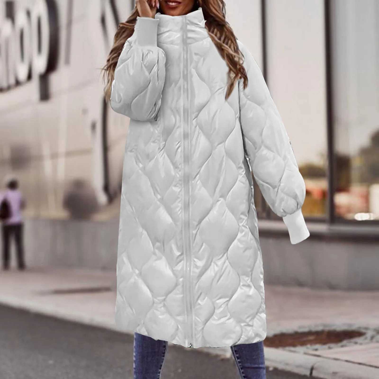 Women's Down Parkas Women's Cotton Padded Coats Solid Glossy Down Coat Mid Length Trendy Jacket With Stand Collar For Winter Outerwear Rop