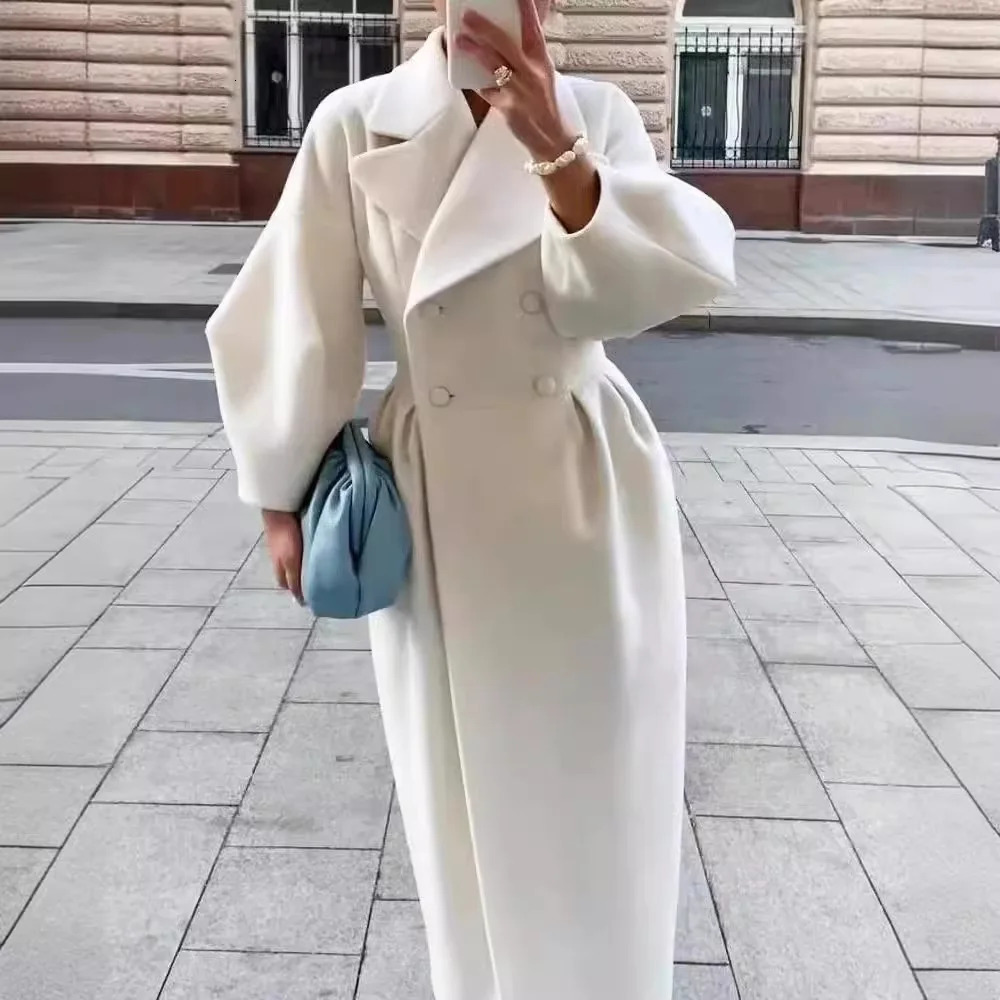 European American Retro Court Style Wool Coat Long Length with Big Lapel Lantern Sleeves Autumn Winter Outerwear 261016