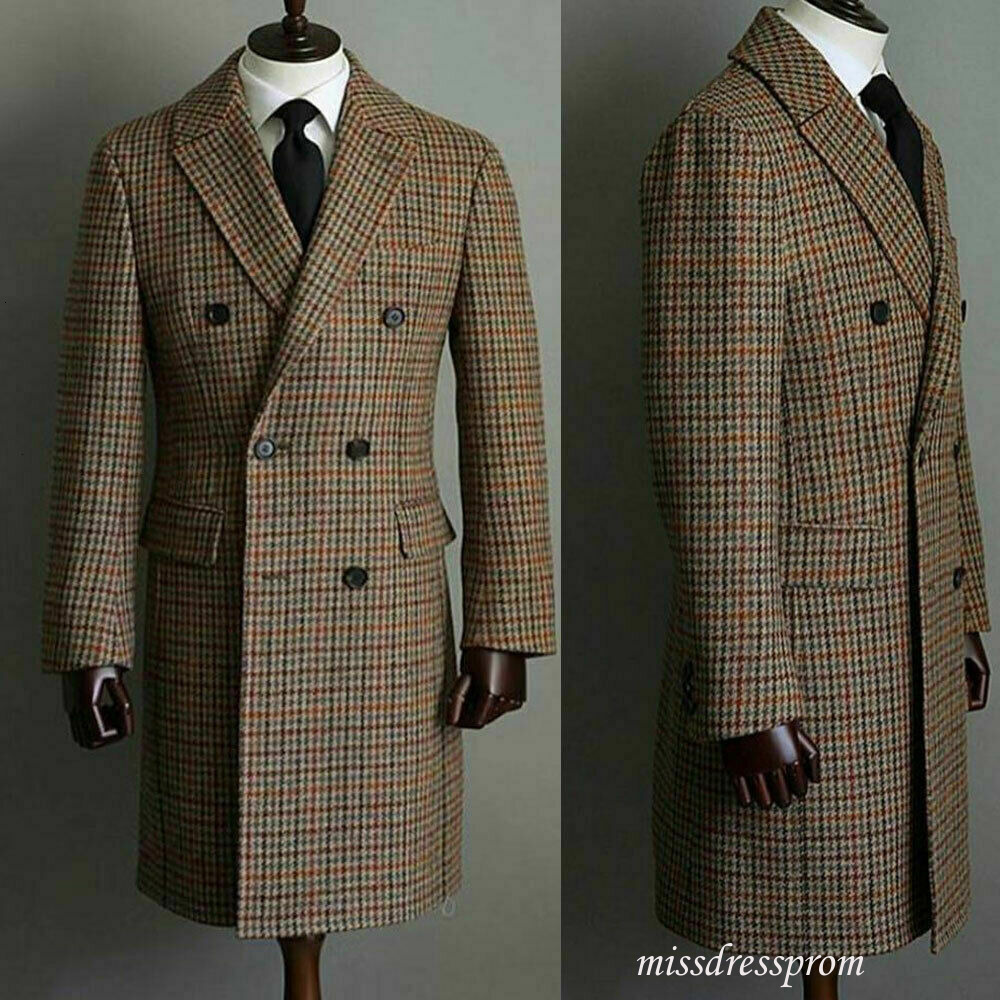 Winter Men Wool Houndstooth Overcoat Double-breasted Six Button Warm Long Coat Formal Tailored Customized