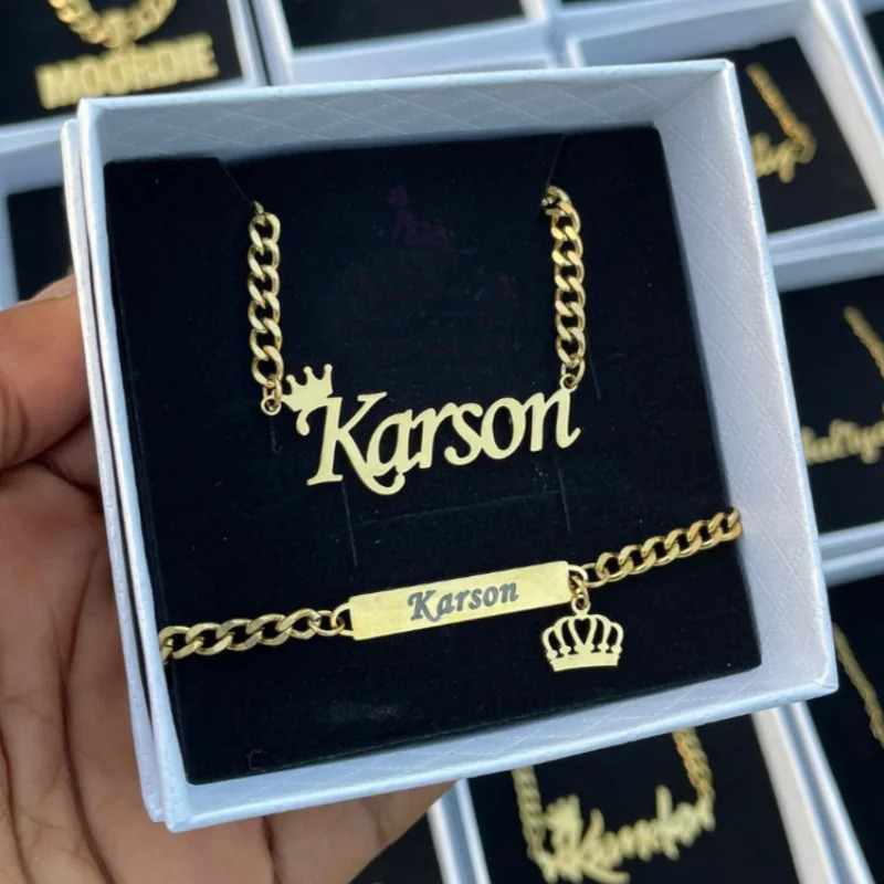Custom Crown Name Necklace Bracelet Women Men Jewelry Set Stainless Steel Gold Color Heart Charm Boy Girl Accessories Gifts 261017
