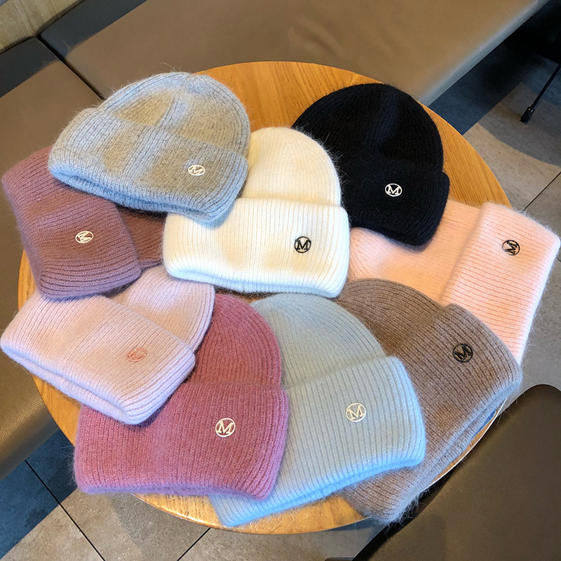 New Letter M Logo for Women, Autumn and Winter Korean Style Versatile Thickened Warm with Ear Protection Rabbit Fur Knitted Hat