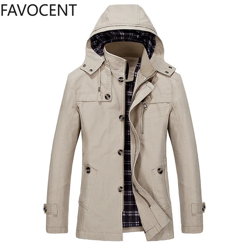 Spring and Autumn Men's Large Size Trench Coat Korean Version of The Slim Long Men's Hooded Coat Men's Coat Thick Cotton 261015