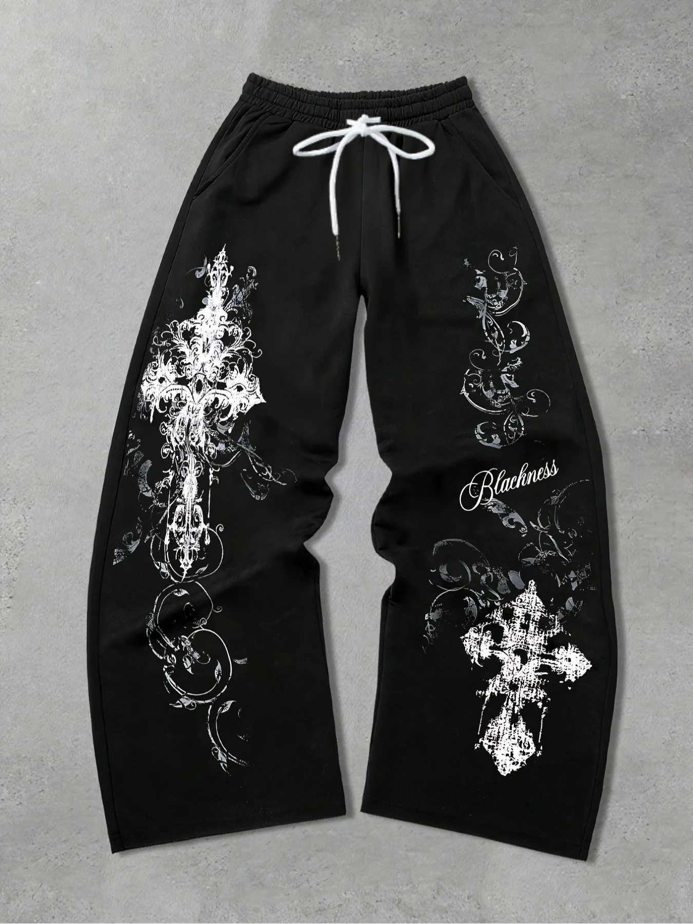 2026 New Model Men Gothic Vertical Graphic Wide Leg Sweatpants Drawstring Loose Straight Baggy Y2K Dark Punk Streetwear Pants. S261016NMDF
