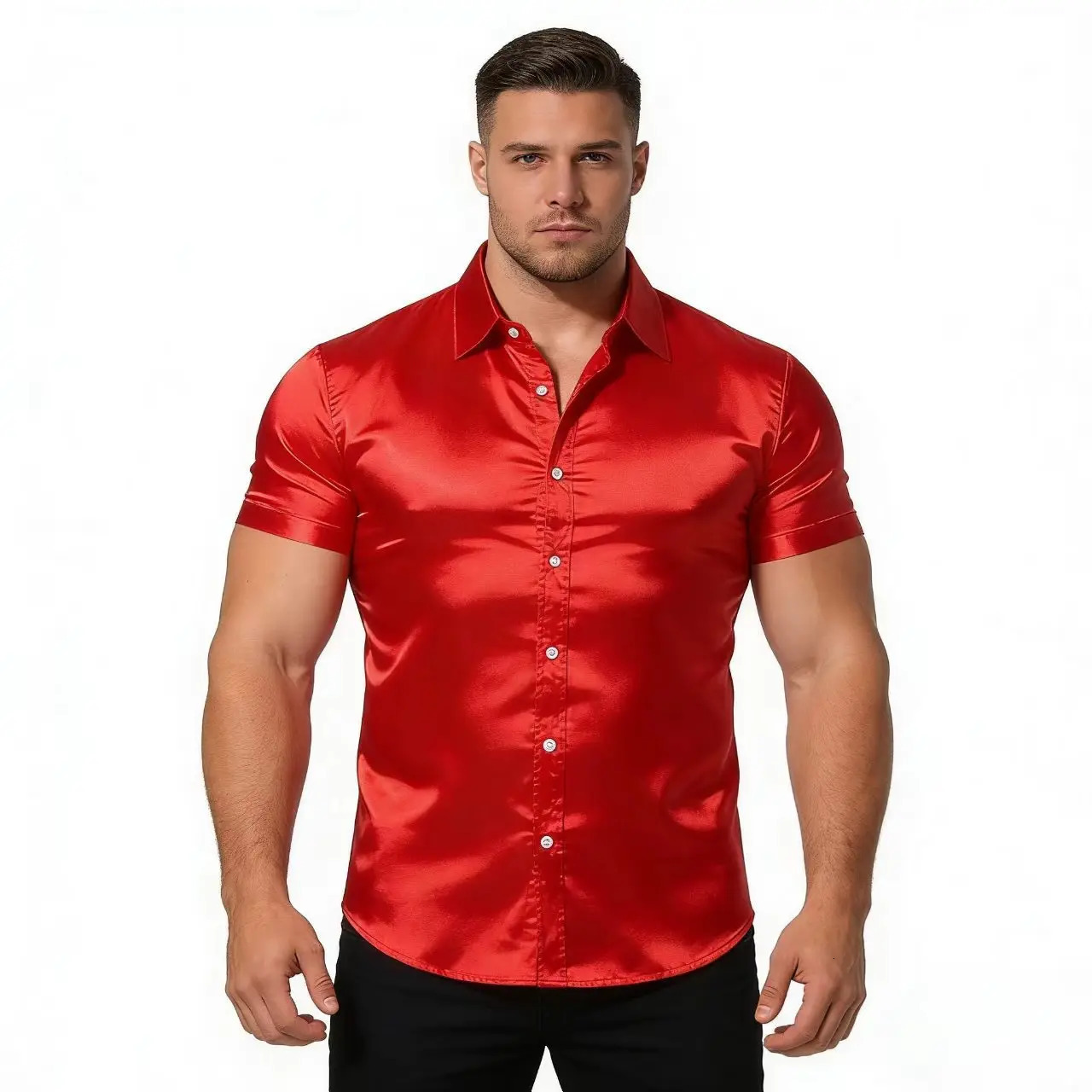 Mens Solid Color Short Sleeve Shirt Slim Fit Button Down Dress Shirt Smooth Silky Formal Casual Tops for Party Nightclub 261014