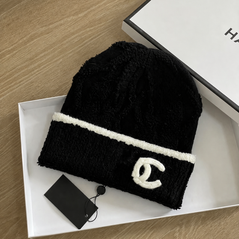 Premium Women Luxury Tweed Knit Beanie, Winter Warm Wool Blend Hat With Embroidered Logo, Contrast Cuff Fashion Cap With Gift Box