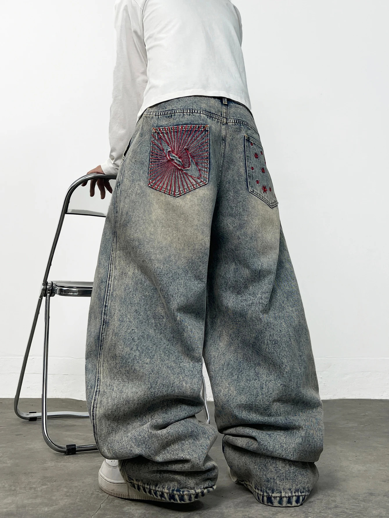 High Street Retro Pocket Embroidered Washed Baggy Jeans Men Y2K Fashion Versatile Pants Available in Multiple Colors 261017