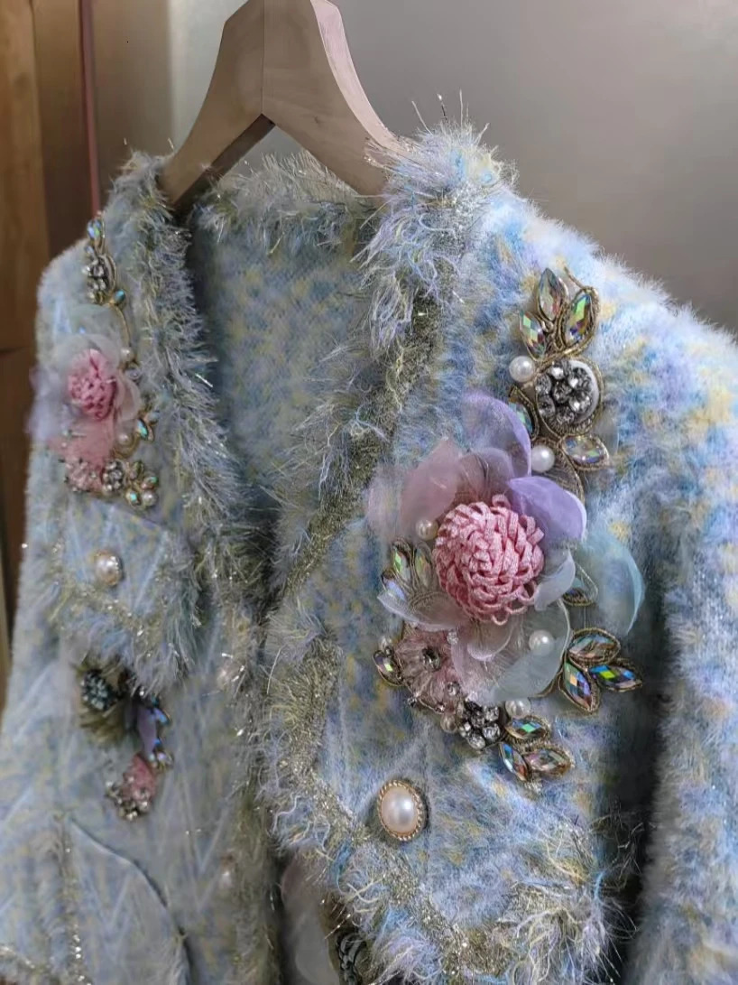 Po y Style Diamonds Flower Stitch Knitwear Cardigan Coat For Women Thick Warm Winter Sweater Outwear Knitted Jacket 261015