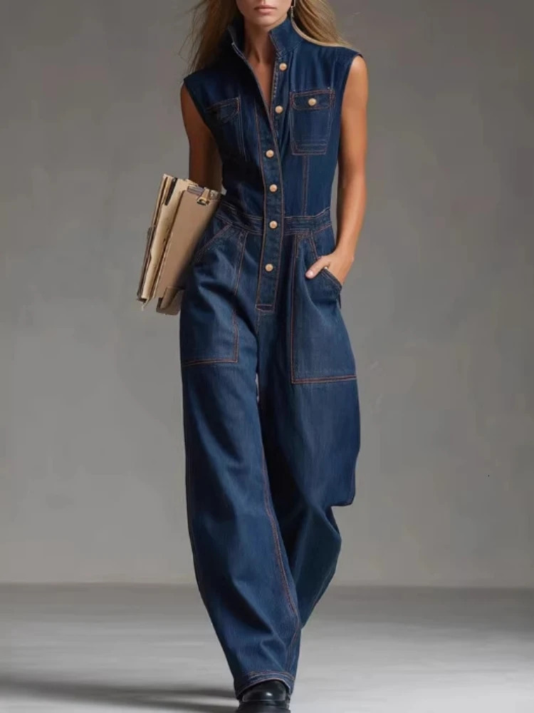 Denim Jumpsuits Women Fashion Stand Collar Button High Waist Sleeveless Jumpsuit Streetwear Summer Pocket Female Clothing 261015