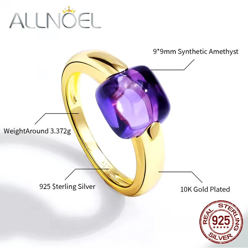 ALLNOEL 925 Sterling Silver 10K Gold Plated Colored crystal Square Ring For Women Inlaid Gemstone Party Jewelry Gift 261017