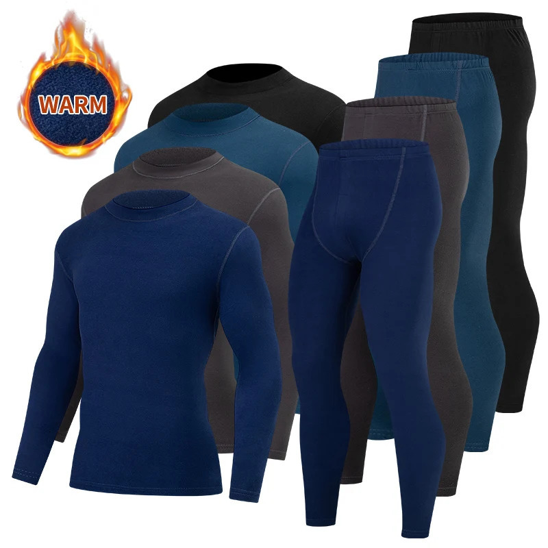 2-piece AutumnWinter Men's Classic Fashion Basic Warm Underwear Set Loose Large Half High Collar Top Elastic Waist Pants 261015