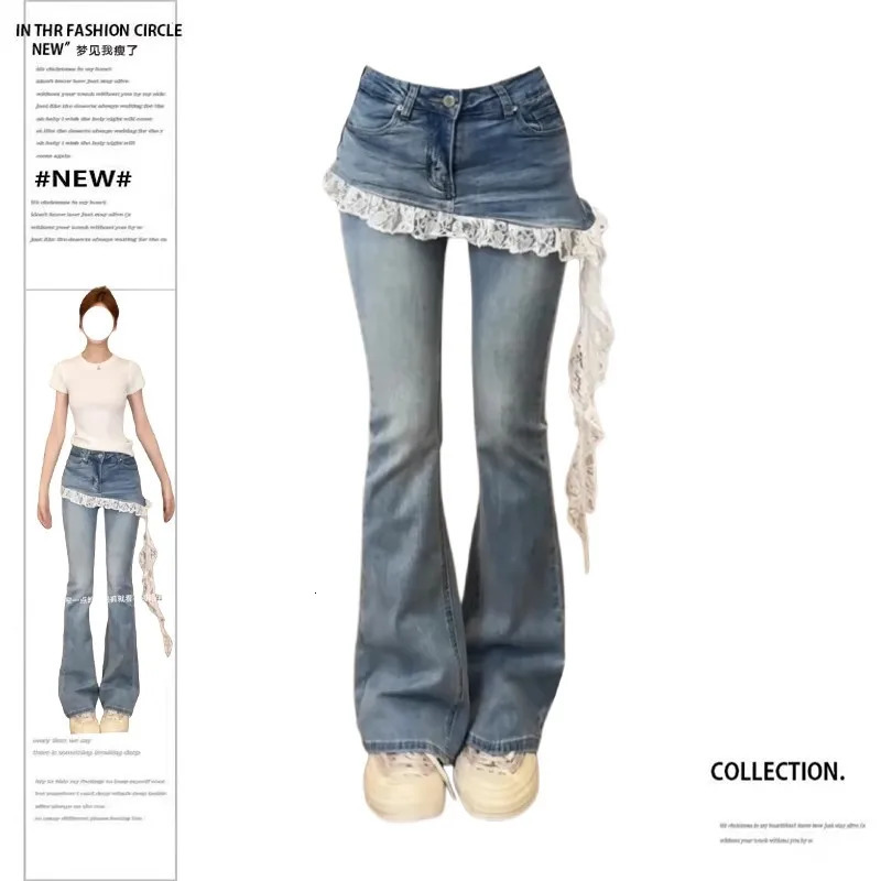 Two Lace Splicing Flared Jeans for Women's Early Autumn Style High Waist Denim Pants 261015