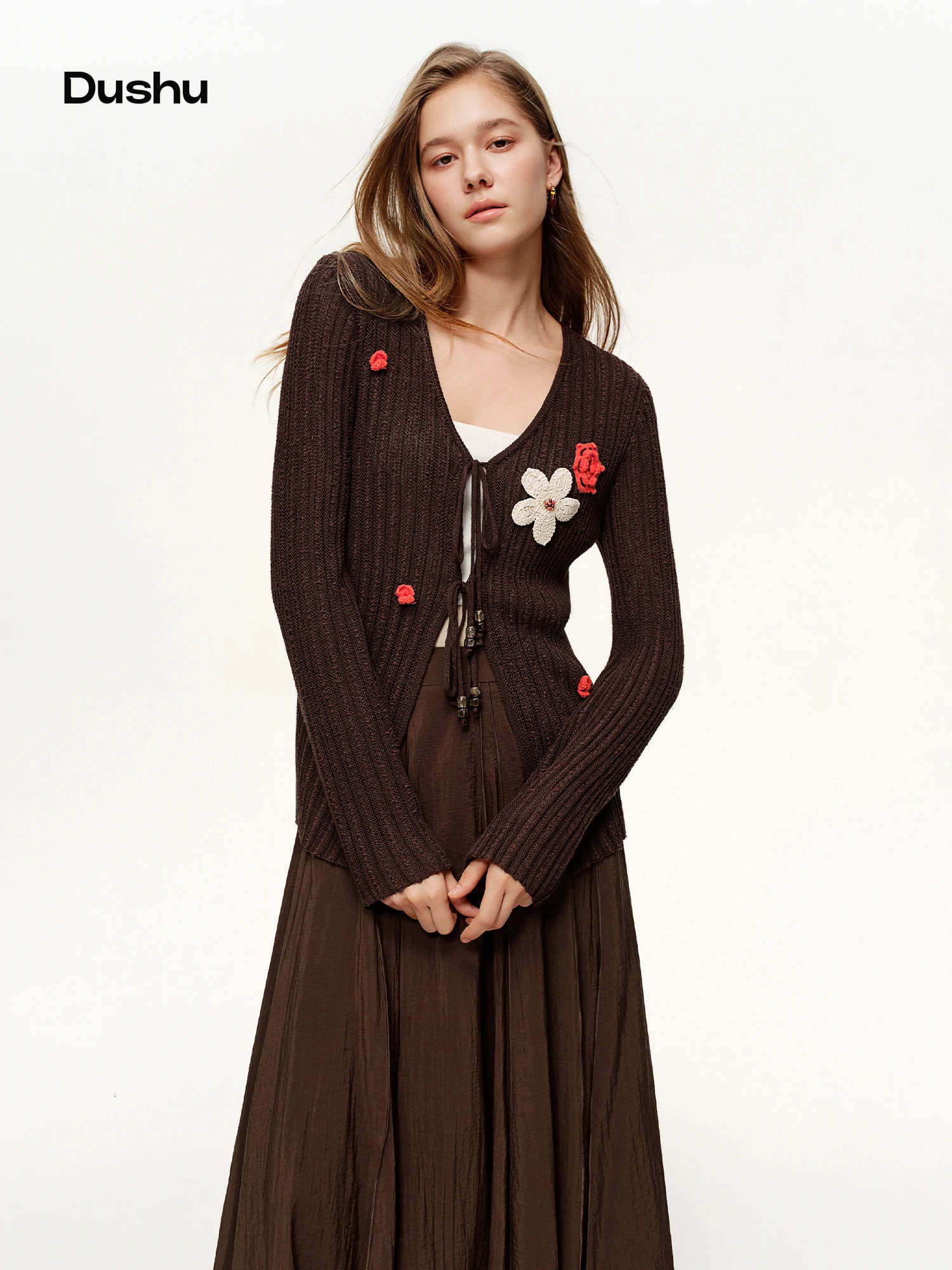 DUSHU Floral Knitwear 2026 Spring Style Elegant Knit Top Cardigan Soft Women Strecthy Draped Streetwear Chic Elegant Casual 261015