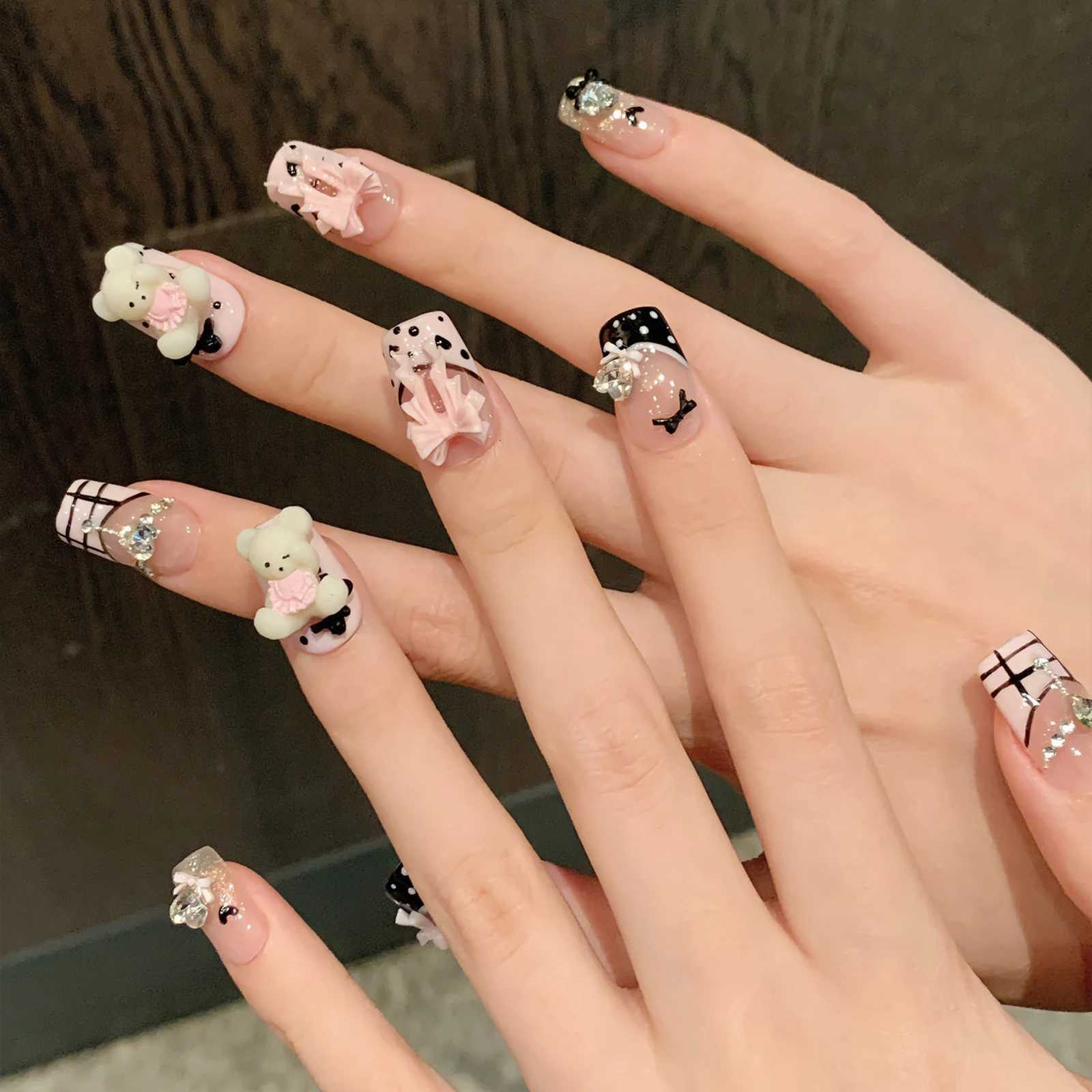 False Nails 10pcs Blush Cartoon Cute Handmade Almond Fake Nails Press On Nails Wearable Ballet French False Nails 3D Ribbon Bow Decoration Q261017