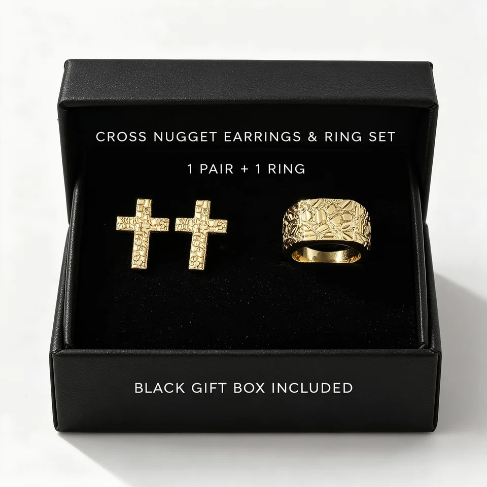 Unisex Cross Nugget Earrings And Ring Set 14K Gold Plated Textured Rough Cookie Hip Hop Rap Jewelry for Women And Men 261017