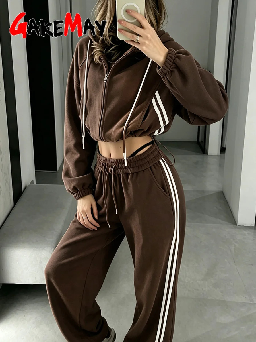 Women's Autumn Tracksuit with Zipper and A Hood Stripes Red Two Piece Set Women with Pant Brown Tracksuit for Women 261016