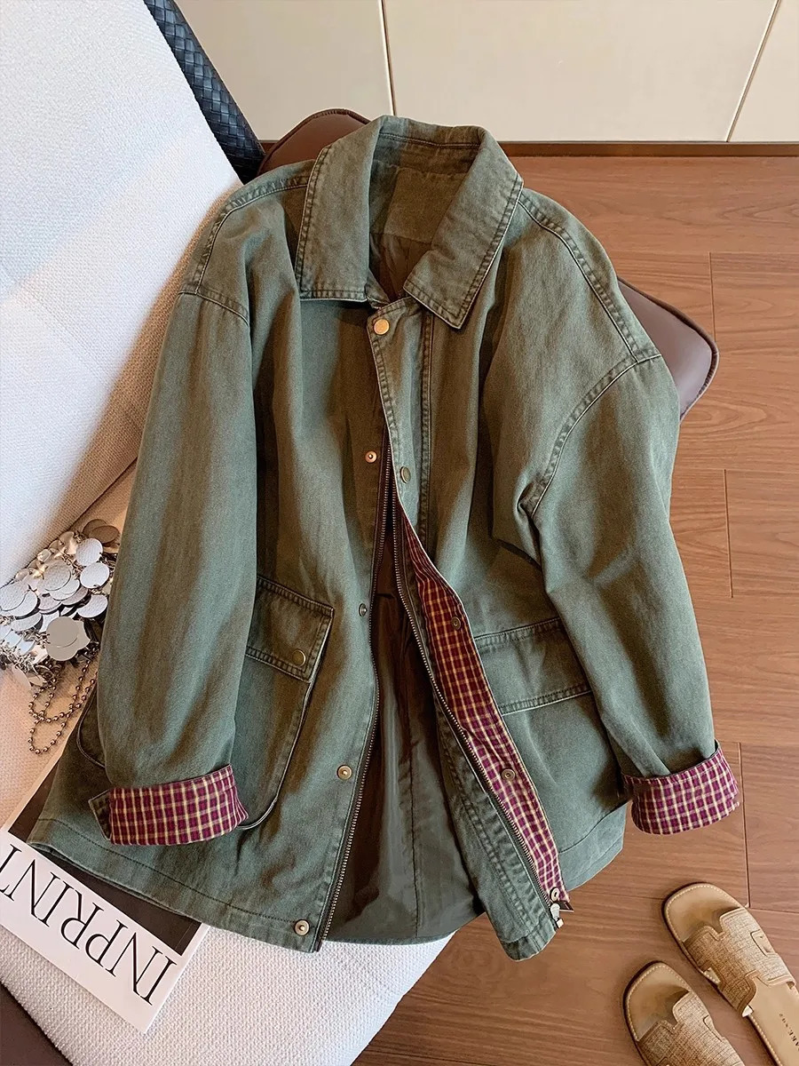 Vintage Army Green Denim Jacket Women Plaid Patchwork Oversized Coat Spring Fall Cargo Utility Pocket Jacket Washed Jacket 261016