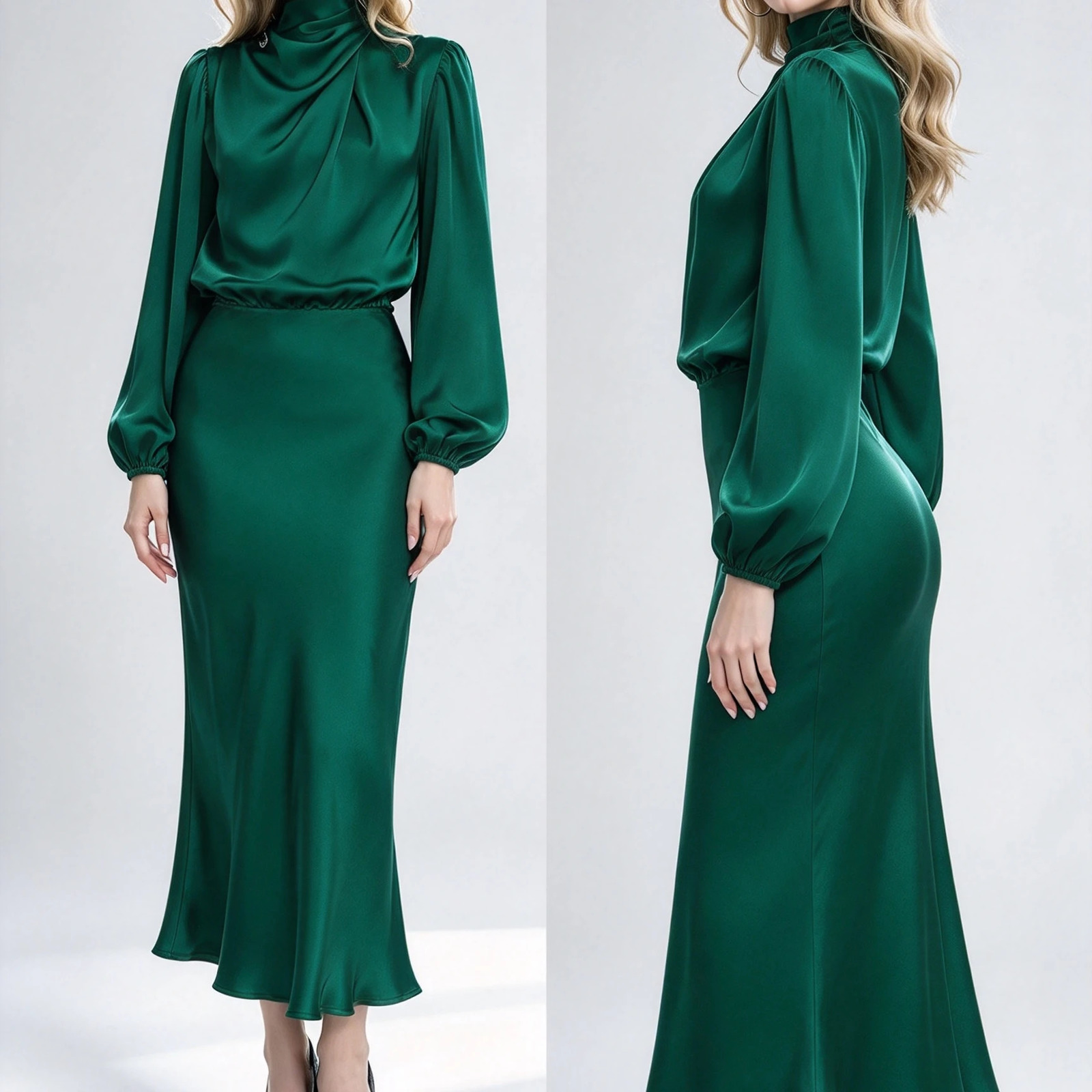 Women Satin Midi Dress Elegant Turtleneck Draped Long Lantern Sleeve Party Dress Vintage Solid Color Evening Wedding Guest Dresses For Christmas 261