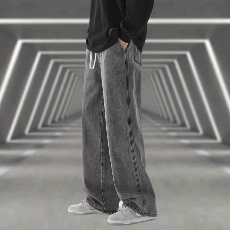 Men's Autumn Winter Fleece Loose Jeans Elastic Waist Wide Leg Y2K Denim Pants Straight Comfortable Men's Clothing 261016