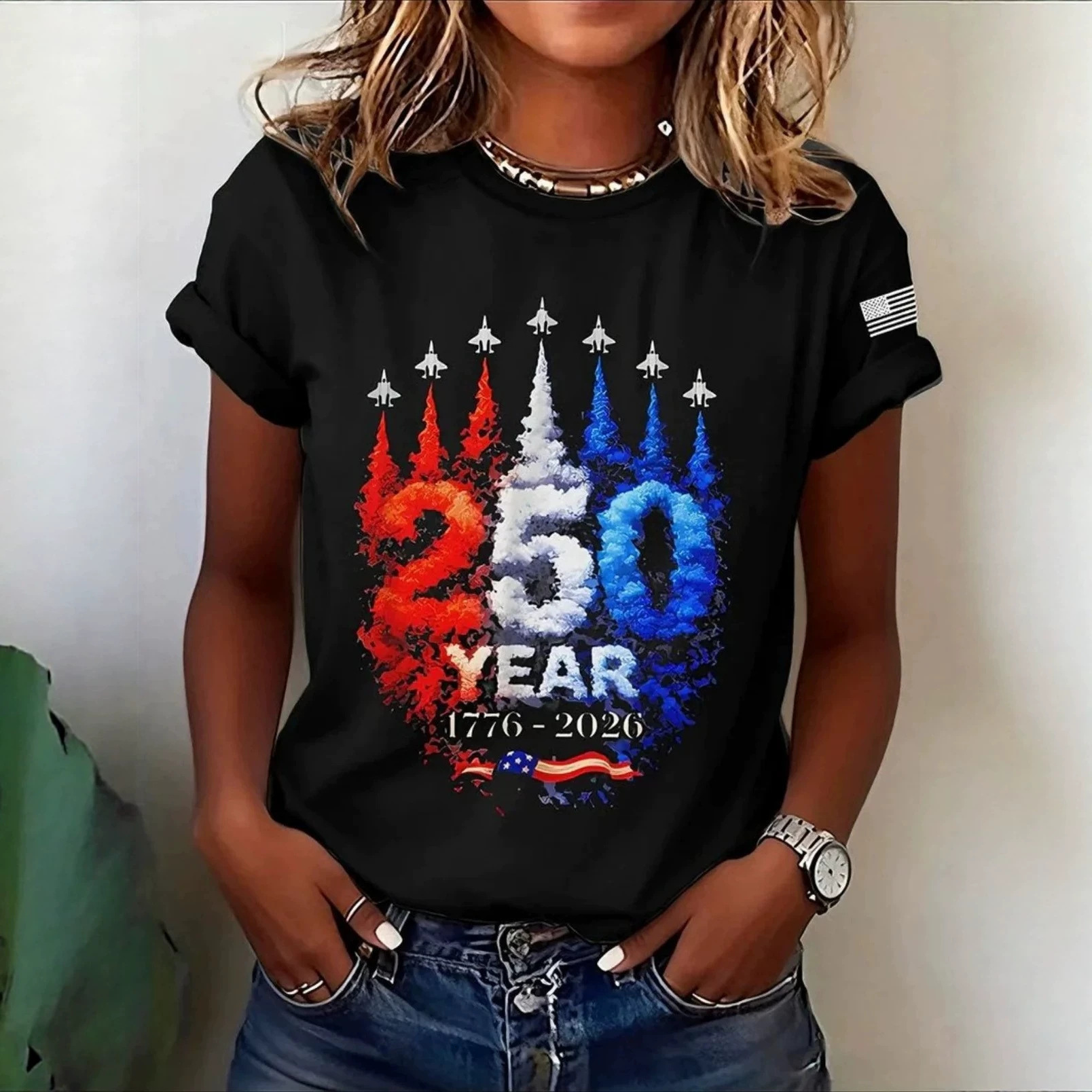 2026 Temu New Independence Day Commemorative 3D Digital Print Casual Women's Round-Neck Cotton-Blend T-Shirt Free Shipping