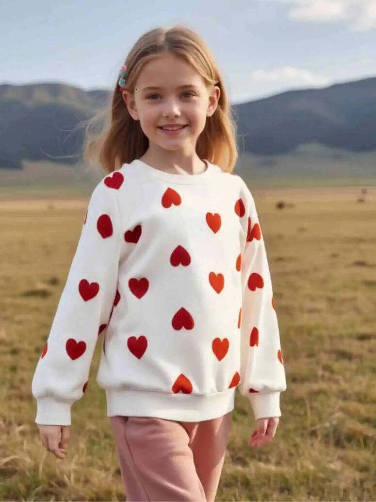 Girls Hoodie Spring And Autumn Childrens Solid Color Full Print Love Pullover Long Sleeve Casual Comfortable Lovely pullover Shirt Crew Neck Sw