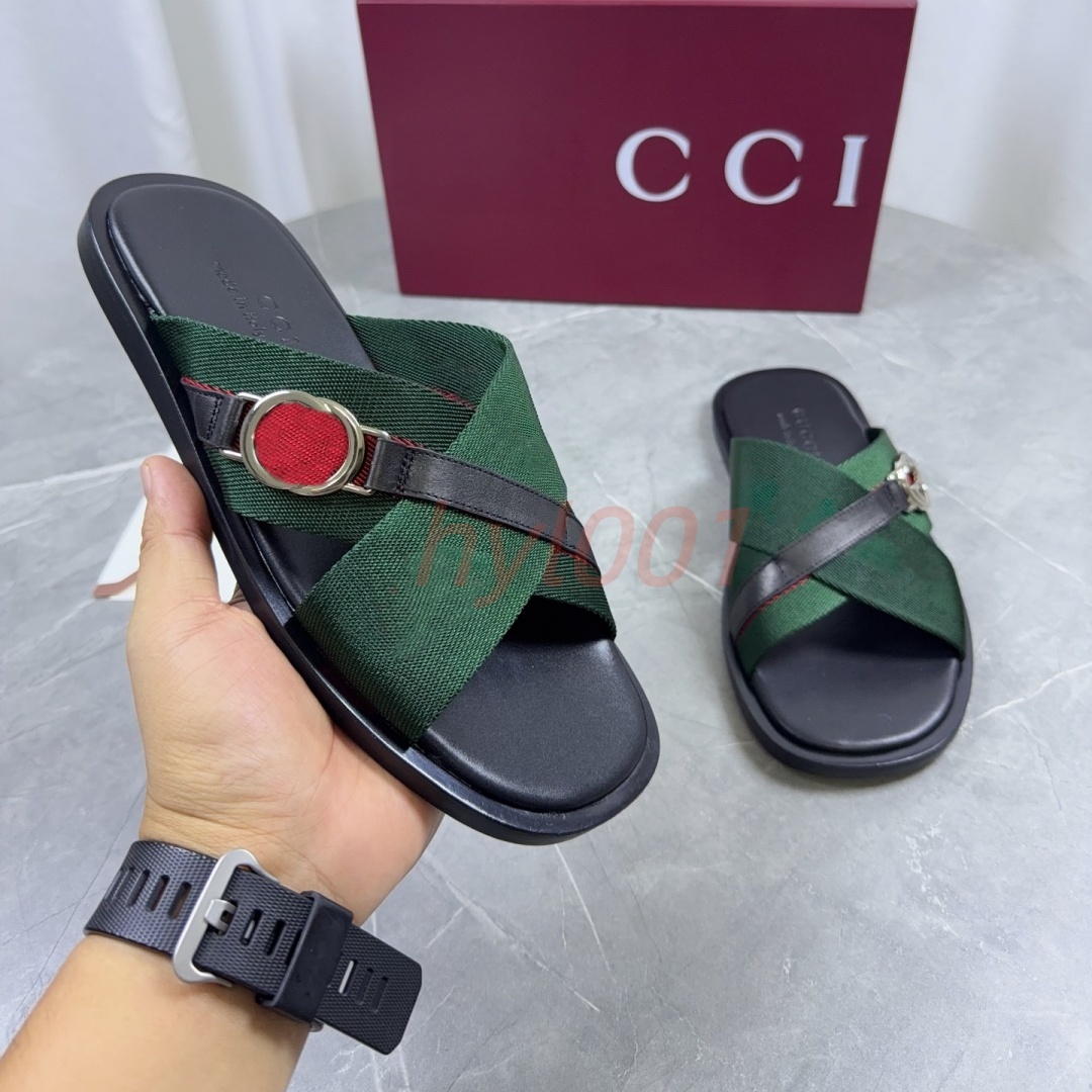 Luxury Designer Cross Strap Slides Men Leather Slipper Webbing Canvas Sandal Interlocking Buckle Flat Flip Flops Outdoor Mules Size 38-46