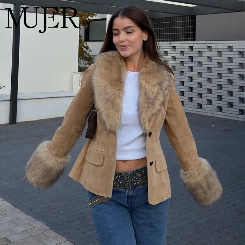 MUJER Faux Fur Suede Blazers for Women Leather Women's Tailoring Winter y Woman Blazer Fitted Coats and Jacket 261015