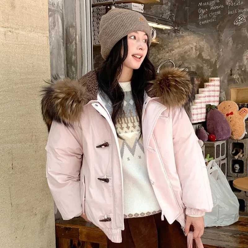 Women's Down Parkas New Women's Down Cotton Jacket 2025 Thicken Long Sleeve Ladies Outerweat Warm Hooded Warm Loose Lady Winter Parka Coat