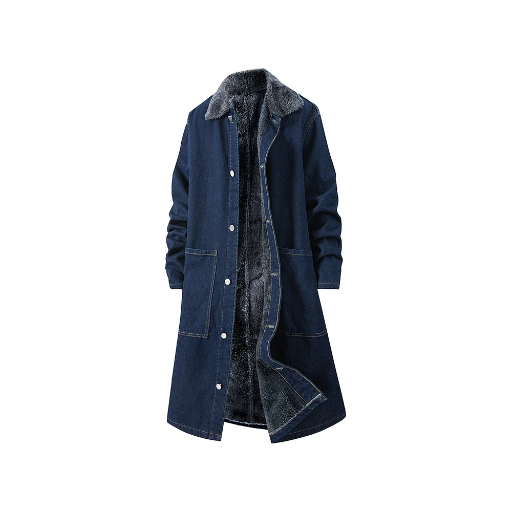 Vintage Denim Trench Coat Men Medium Long Styles Wool Liner Windbreaker Autumn Winter Thickening Overcoat Jacket 261015