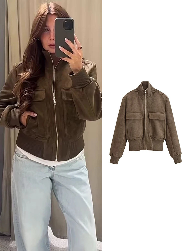 TFMLN Women Suede Leather Jacket with Pockets Autumn Winter High Collar Long Sleeve Zipper Jacket Lady Slim Chic Coats 261016
