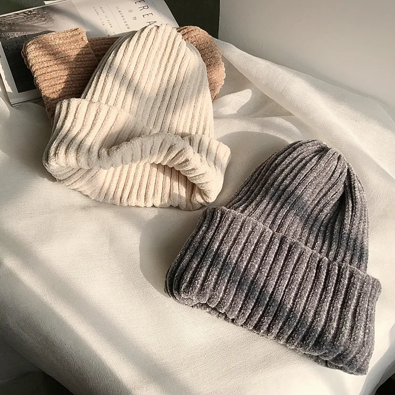 Solid Color Chenille Knitted Beanies Winter Warm Snow Soft Comfortable Skullies Cap Men Women Outdoor Leisure Hat 260928