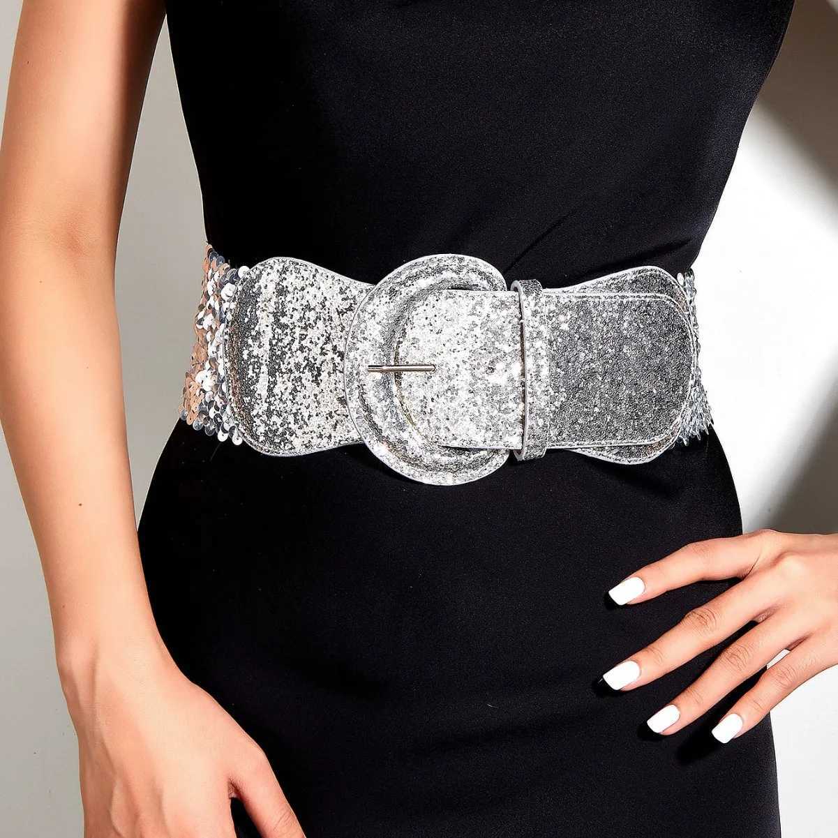 8x77cm Gold Silver Black Women Wide Sequin Belt Female Waistband For Girl Party Club Coat Dress Sweater Punk Gothic Decorative S2610170Q4Q