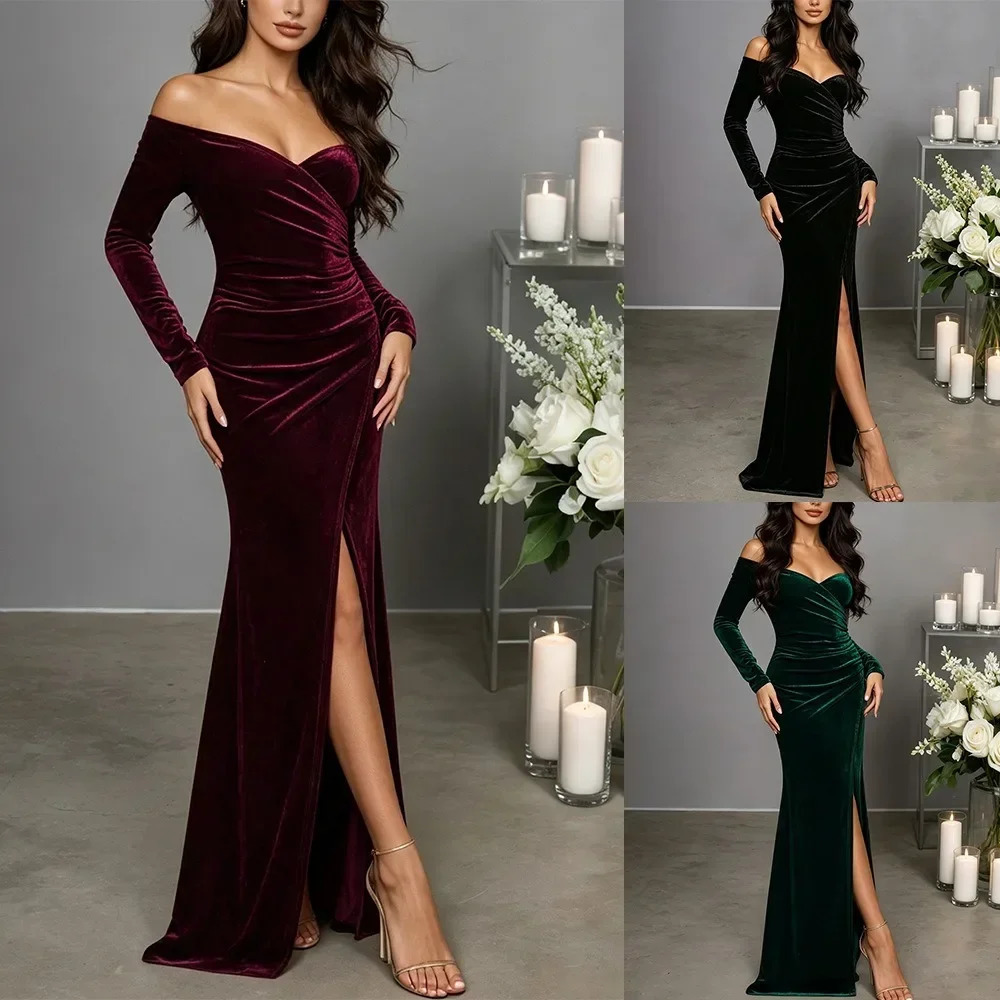 Women Elegant Velvet Mermaid Maxi Dress Off Shoulder Long Sleeve High Slit Slim Gown Formal Evening Dress for Cocktail Banquet 261015