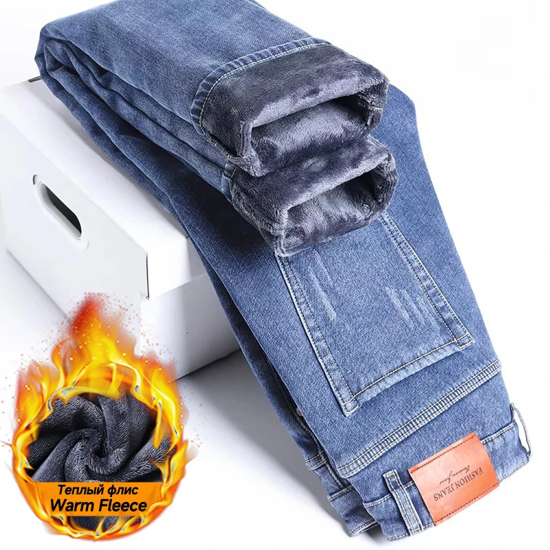High Quality Winter Thermal Warm Fleece Mens Jeans Flocking Denim Pants Slim Straight Brushed Trousers Male Plus Size 40 261016
