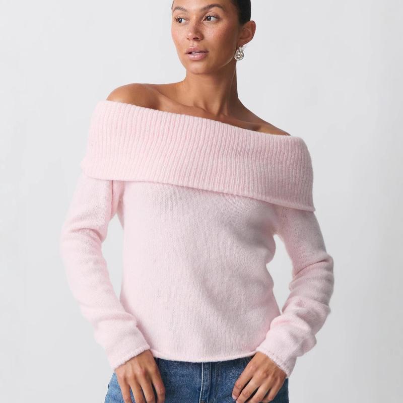 Designer Femmes Une Épaule Revers Pull À Manches Longues Slim Fit Dos Nu Top En Tricot Doux Couleur Unie Automne Hiver Pull Couche De Base