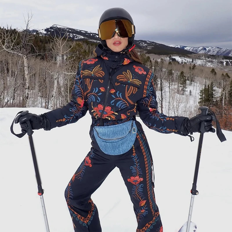 Bohemian Floral Print Hooded Zipper Womens Ski Suit Jumpsuit Waterproof Windproof Snowboard Snowsuit Winter Outdoor Sports 261016