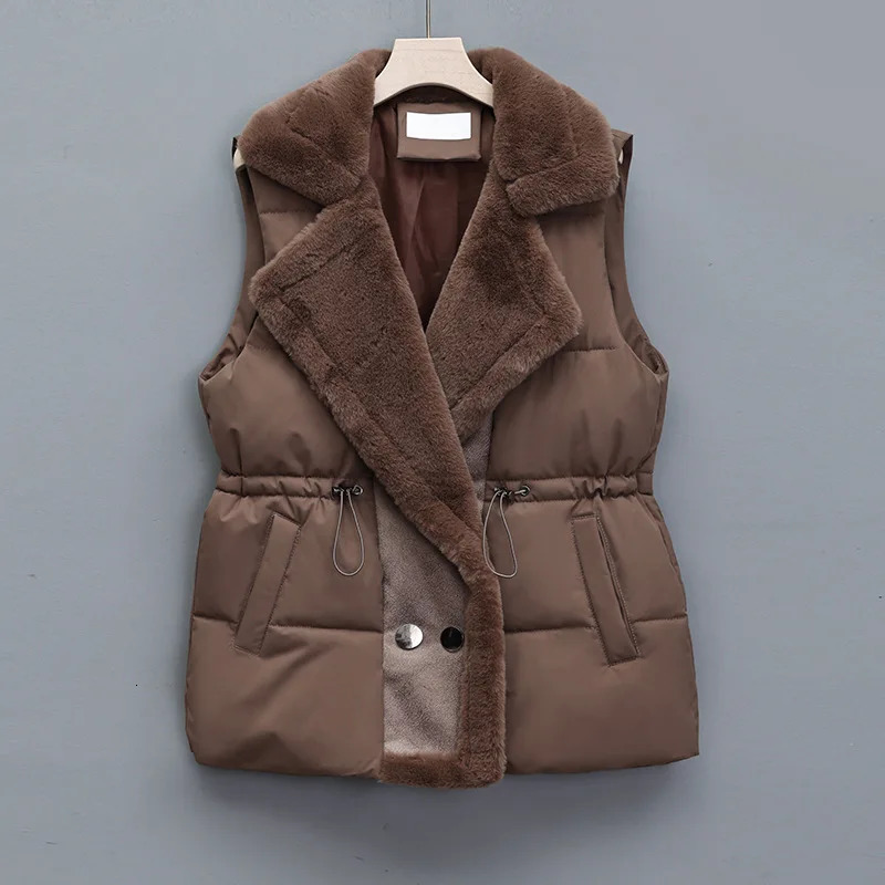 Lamb Hair Patchwork DownCotton Vest Women's Winter Outerwear Autumn Leather Fur Integrated Lapel Waistcoat 261014