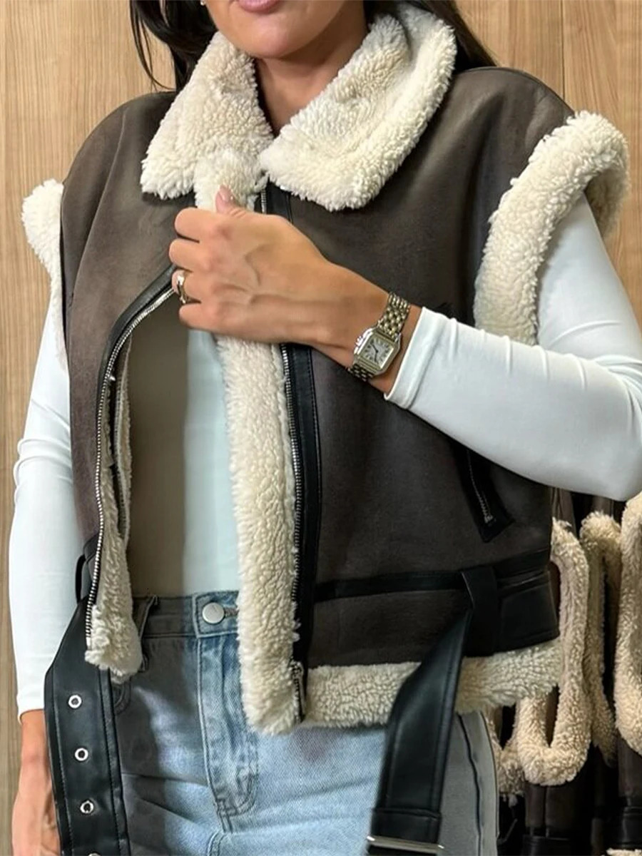 Women Leather Sherpa Vest Fur Collar Sleeveless Zipper Faux Suede Shearling Vest Biker Moto Jacket Winter Warm Outerwear 261014
