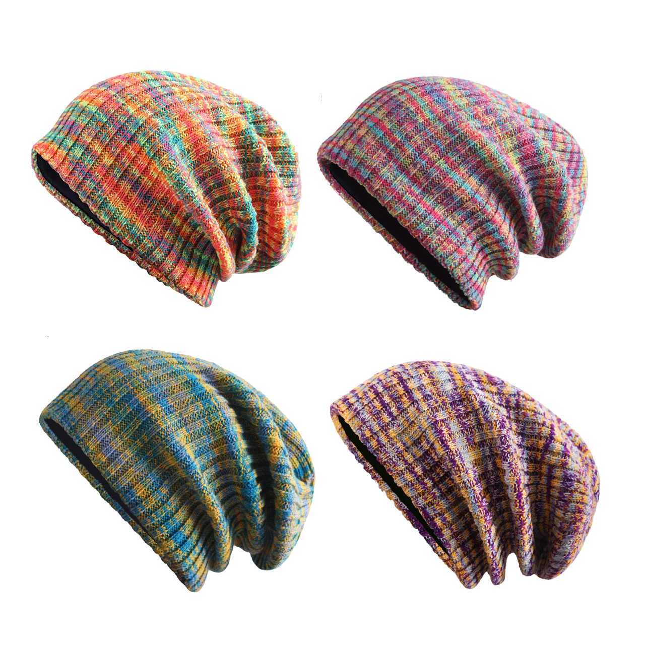 Beanie/Skull Caps Colorful Skullies Hat for Women Autumn Winter Knitted Cap Rainbow Mixed-color Casual Warm Beanie HatsT261017