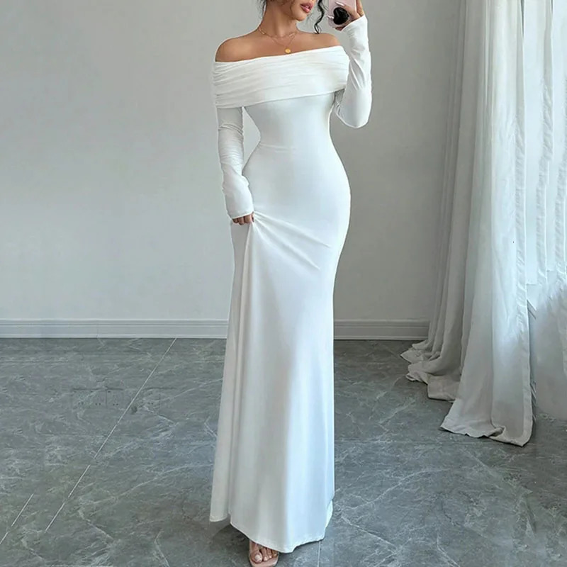 Elegant Off Shoulder Package Hip Maxi Dress Women Fashion Slim Fit Slash Neck Party Fishtail Dress Sexy Backless French Vestidos 261015
