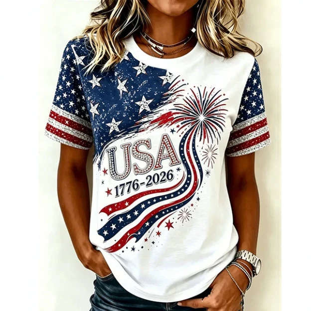 2026 Independent Store Summer New Collection: American Anniversary Celebration Eagle Print Crew Neck Short-Sleeve Top Free Shipping