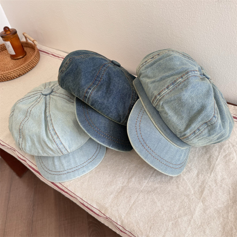 Denim Beret for Women Summer Retro Octagonal Large Head Circumference Blue Painter Face Slimming Hat Cloud Hat