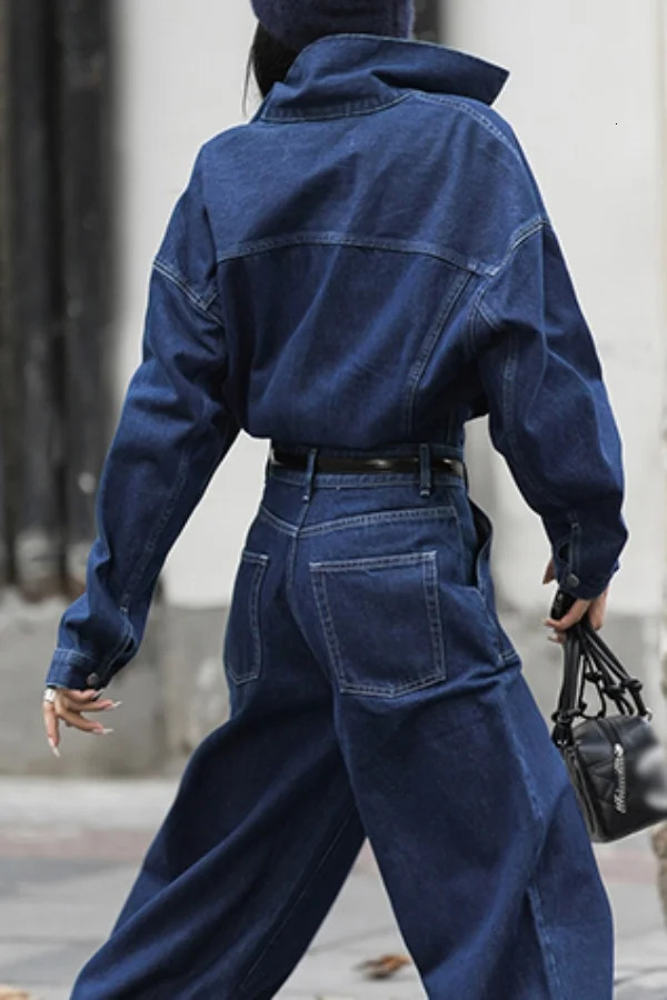 Jumpsuits Women Autumn Spring Fashion Safari Style Loose Long Sleeve Denim Jumpsuits Office Lady 261015