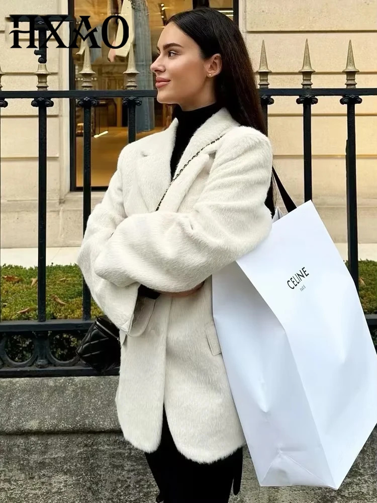 HXAO Women's Blazer White Faux Fur Blazer Office Wear Women Long Sleeve Fitted Blazers Women's Suit Jacket High Quality Blazers 261016