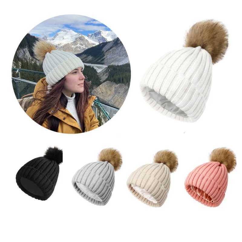 Beanie/Skull Caps Women's Winter Beanie Hat Faux Fur Pom Satin Lined Warm Knitted Skull Cap for Cold WeatherT261017