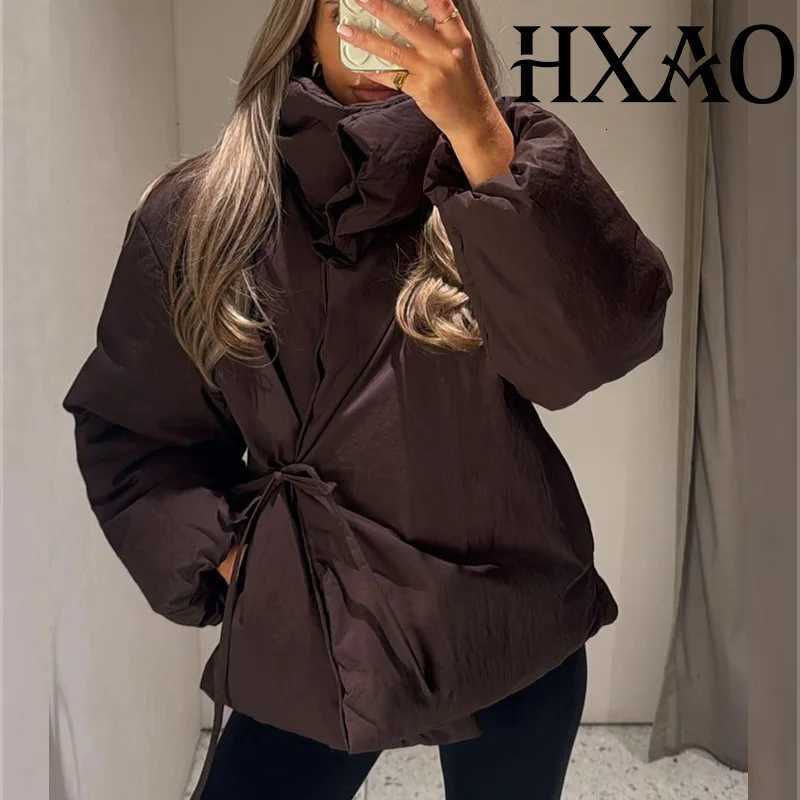 Women's Down Parkas HXAO Women's Winter Jacket Parkas Padding Quilted Jacket Woman Warm High Neck Short Padded Jacket Tied Long Sleeve Coa