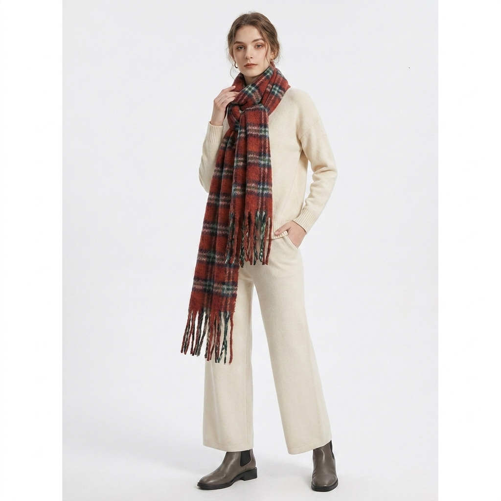 Angela Red Plaid High-End Versatile Thick Scarf, Perfect For Creating A Stylish Autumn And Winter Look With Its Fashionable Tassel Design Laotie