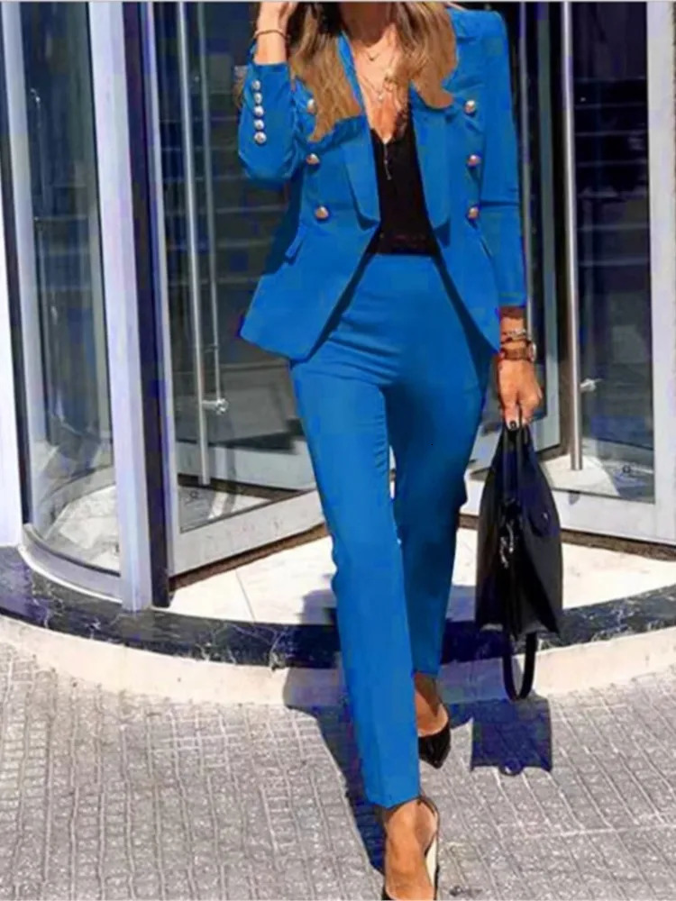 Autumn Winter For Women's Solid Color Fashion Double Breasted Suit Slim Pocket Pencil Pants Female Office 2 Piece Set 261016