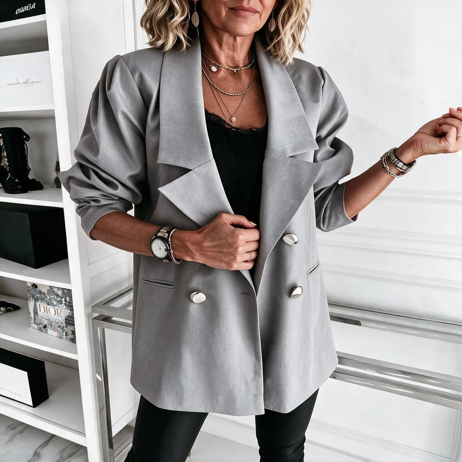Women Oversized Double Breasted Blazer Notched Lapel Long Sleeve Mid Length Suit Jacket Casual Office Outerwear 261016